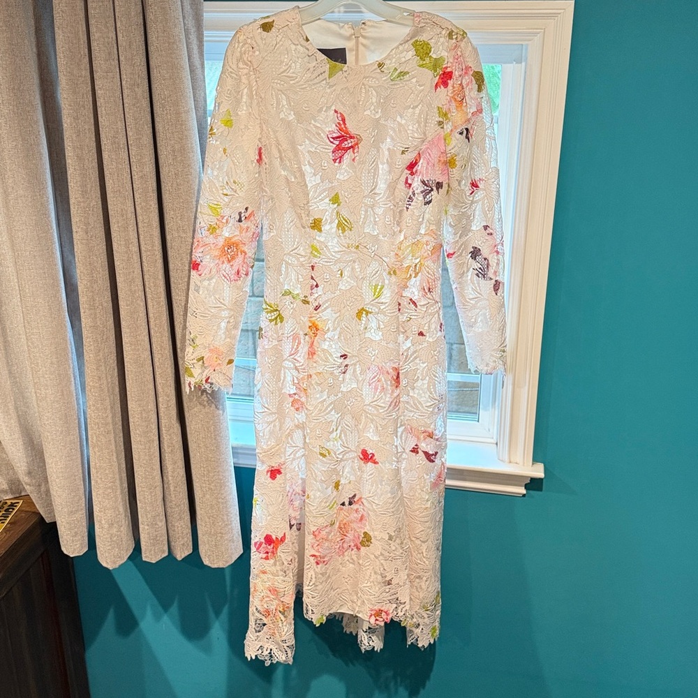 NWOT Monique Lhuillier white floral Lace Sample knee/midi Length Dress Sz 6